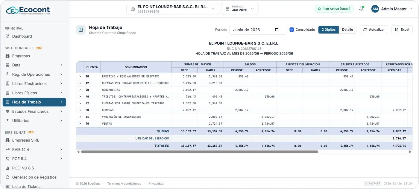 Hoja de Trabajo — Sistema Contable Simplificado de Ecocont Aplicativos
