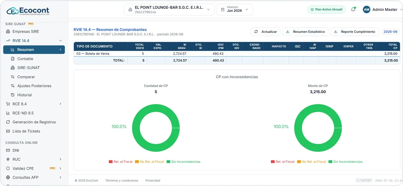 SIRE RVIE 14.4 — Resumen de comprobantes